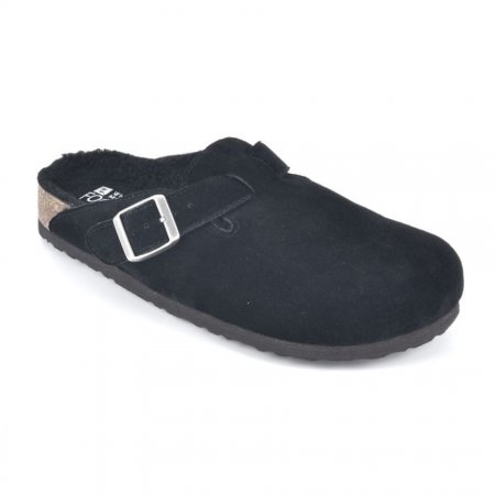 White Mountain Bari Leather Footbeds Clog-Black Suede With Faux Shearling Lining