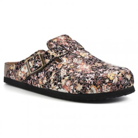 White Mountain Bari Leather Footbeds Clog-Black Floral Suede