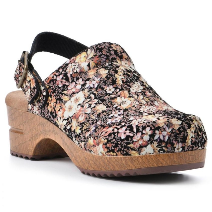 White Mountain Being Leather Clog-Black Floral Suede