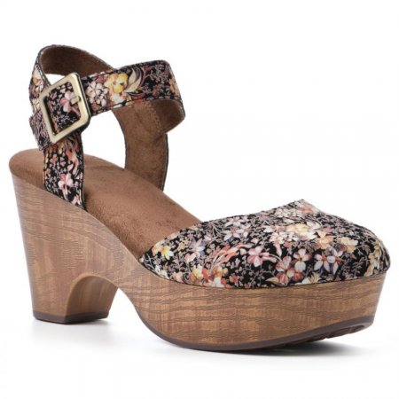 White Mountain Casey Heeled Clog-Black Floral Suede