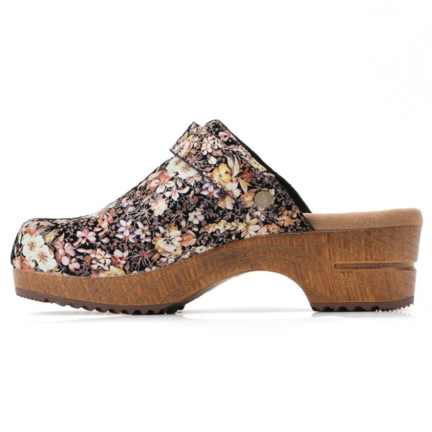 White Mountain Being Leather Clog-Black Floral Suede